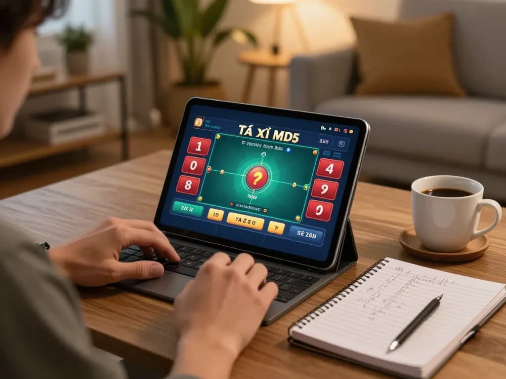 Tài xỉu MD5 gameplay featuring a player betting through a tablet in a cozy home setting, emphasizing strategic engagement and comfortable gaming atmosphere