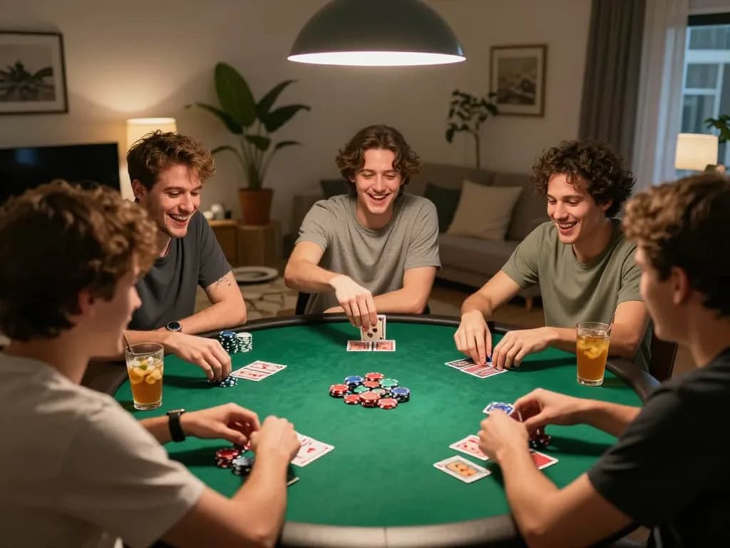 Friends at home enjoying a lively poker game, focusing on strategy with 789wincom cards and chips.