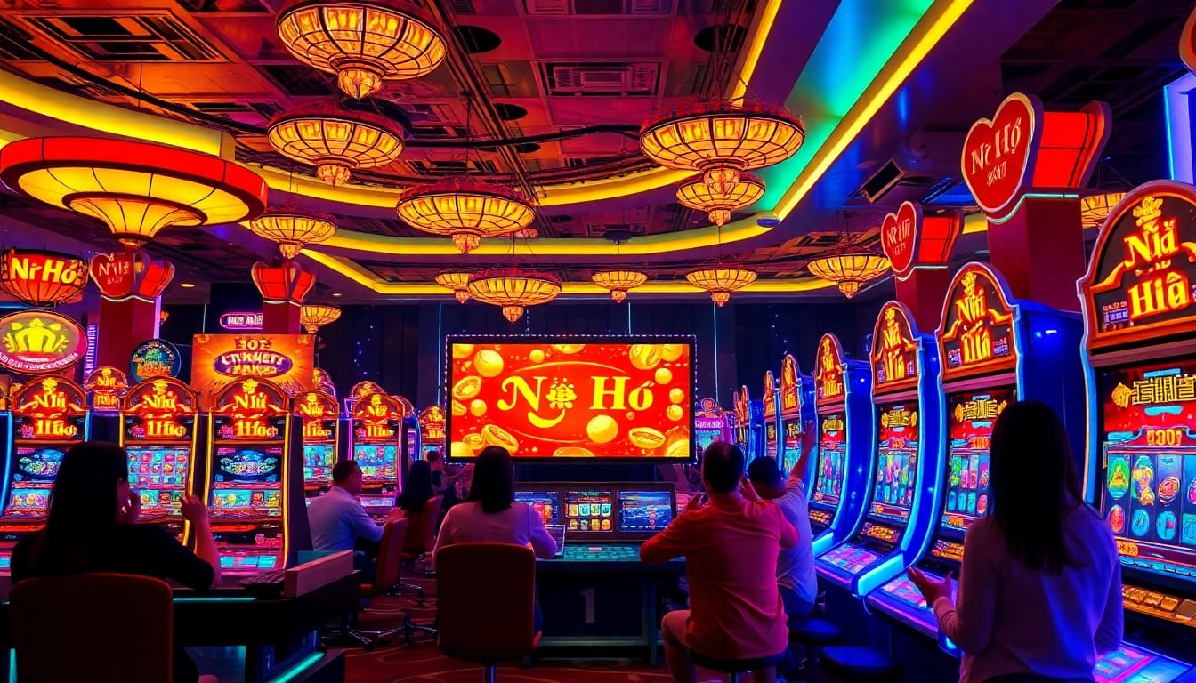 Nổ Hũ slot machine game in a vibrant casino setting filled with excited players.