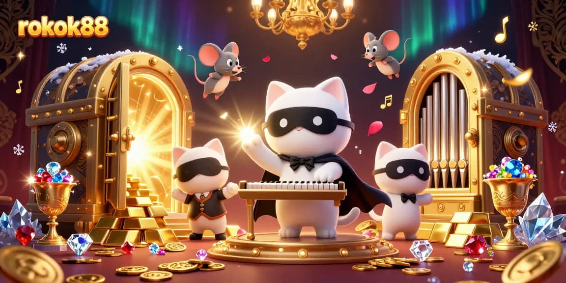 Experience the rich casino enchantment with rokok88 as a whimsical white cat entertains at a vibrant gaming scene.
