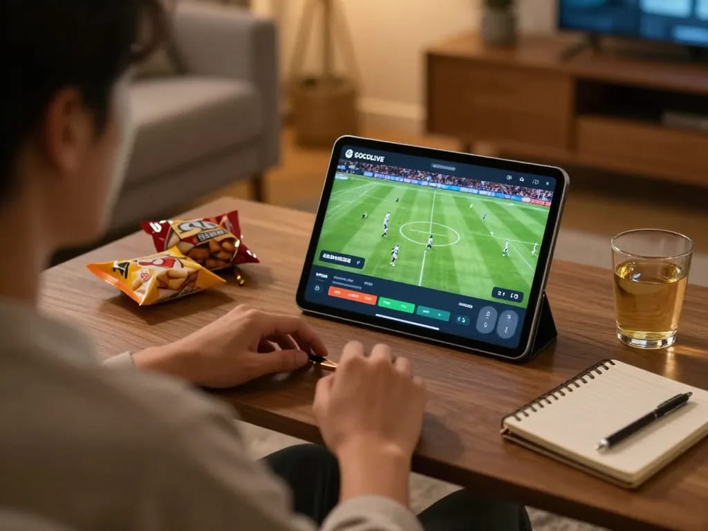 SOCOLIVE user enjoying live football streaming on tablet in a cozy setting with snacks.