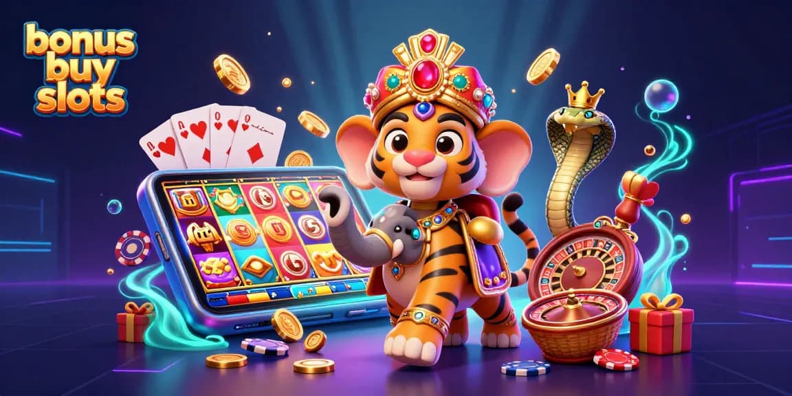 Experience excitement with bonus buy slots featuring a tiger, elephant, and cobra amid casino elements.