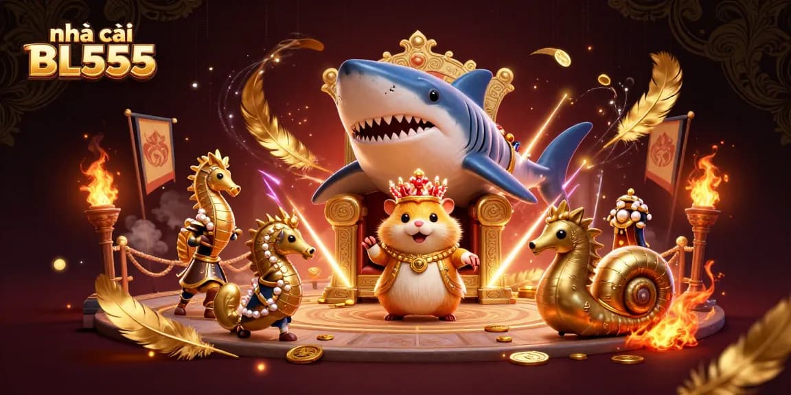 Engaging scene showcasing nhà cái BL555's dynamic gambling world with golden hamster king and allies.