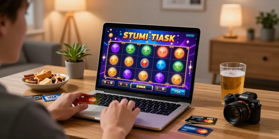 Player celebrating a win at online casinos that accept credit cards, featuring various credit cards and a vibrant gaming interface.