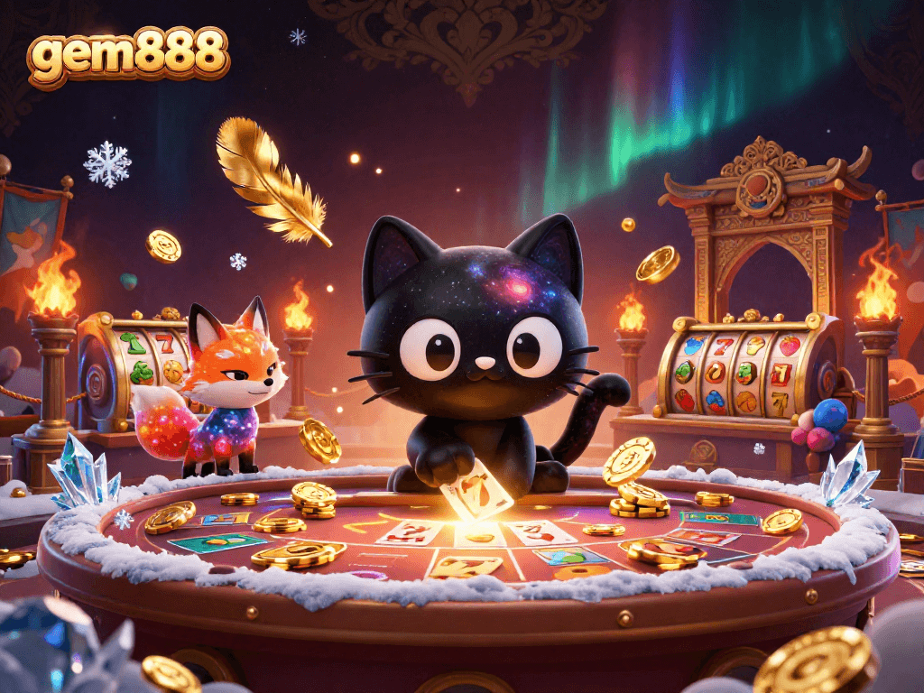 Experience gem888's cosmic casino magic with a mesmerizing cat and fox duo pulling in chips.
