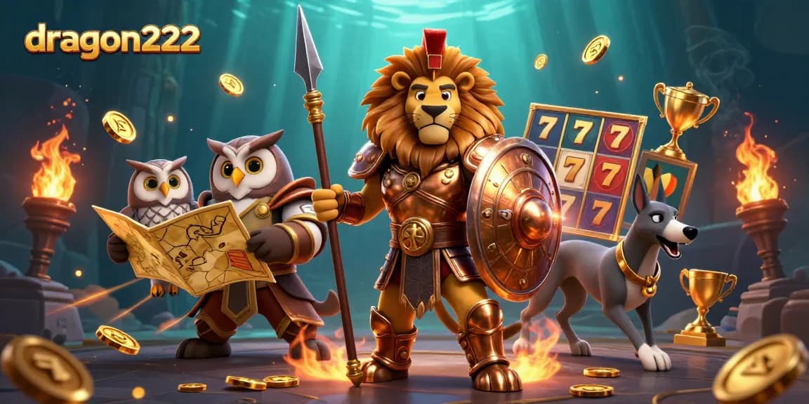 Experience the thrill of dragon222's slot games with a dynamic Spartan lion and golden elements.