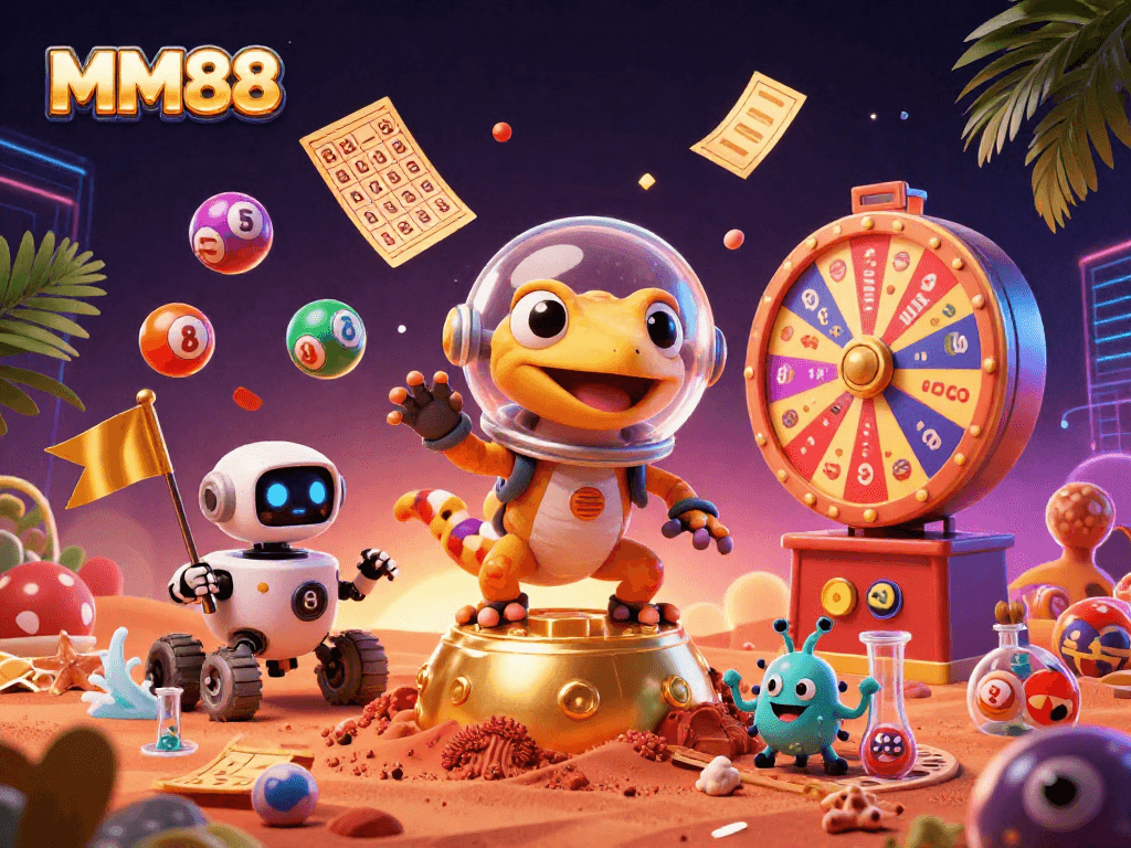 Engage in thrilling gameplay at MM88 as a Martian gecko explores a golden casino.