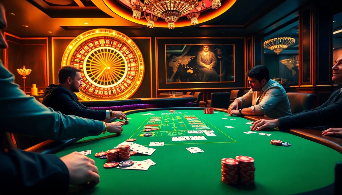 Engaging poker action at a CM88-themed casino table with vibrant chips and cards.