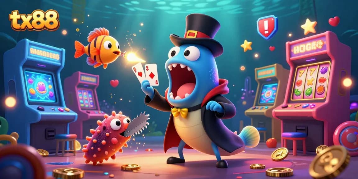 Engaging scene showcasing the tx88 casino with animated sea creatures performing magic tricks, rich gaming elements.