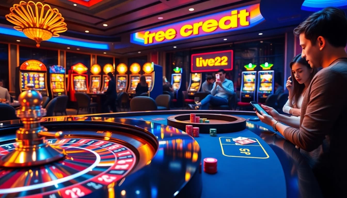 Engaging scene of players enjoying free credit live22 at an online casino table with colorful chips and cards.