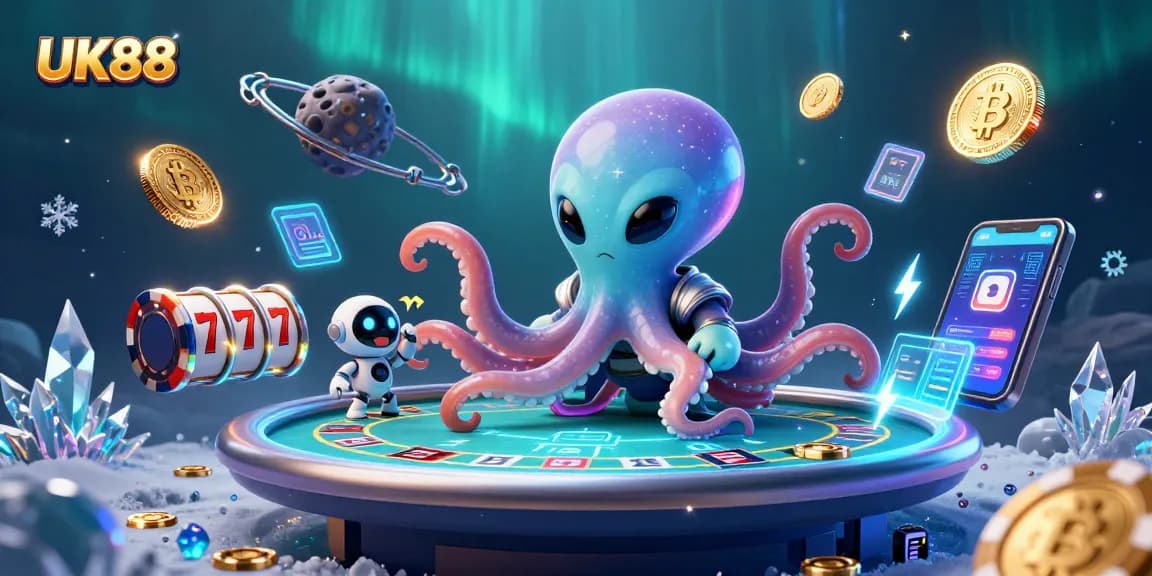 Join the fun at UK88 with an alien octopus mastering poker in a vibrant casino scene.