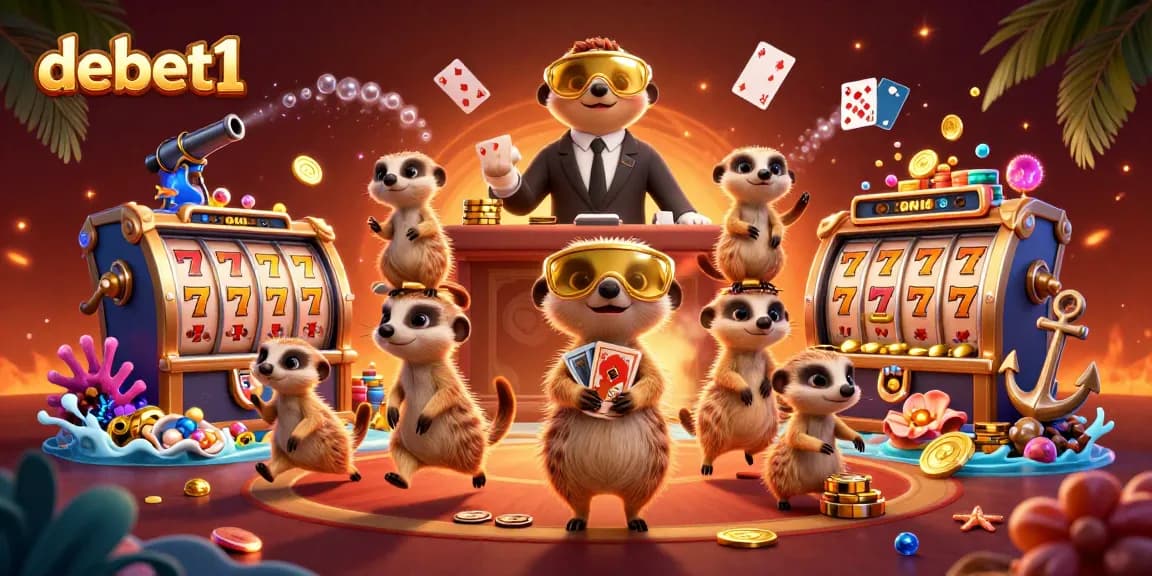 Engage in vibrant casino action with debet1's meerkat characters in an elaborate gaming scene.