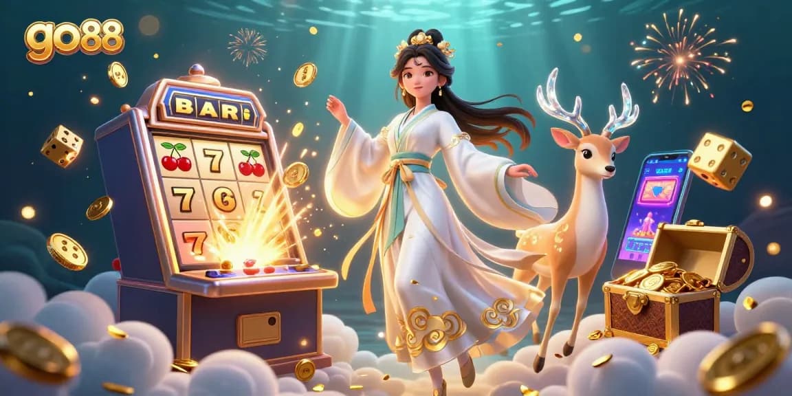 Win big with go 88 in an enchanting casino scene featuring vibrant characters and exciting game elements.