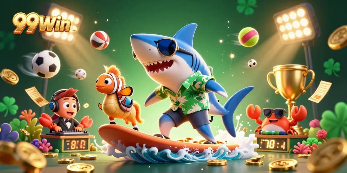 Join the fun at 99Win with vibrant characters surfing on gold coins in a dynamic gaming scene.
