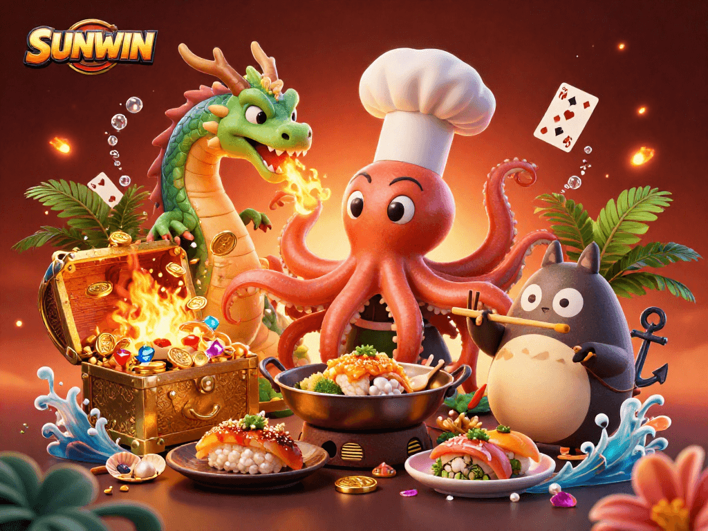 Experience the excitement of SUNWIN as a lucky tanuki enjoys golden dishes in an underwater casino adventure.