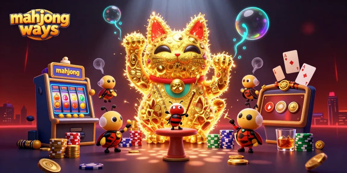Engage in winning strategies with Mahjong Ways, featuring a lively scene of a lucky cat and casino symbols.