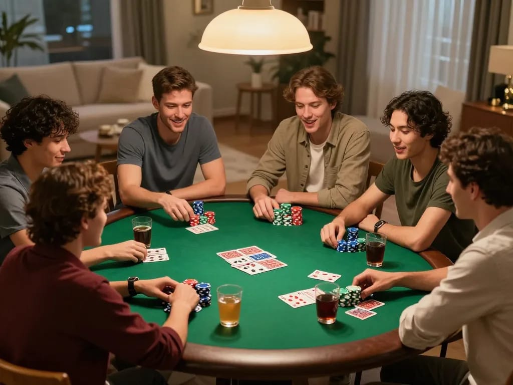 Friends enjoying a spirited poker night at home, showcasing the rokok88 community in action.