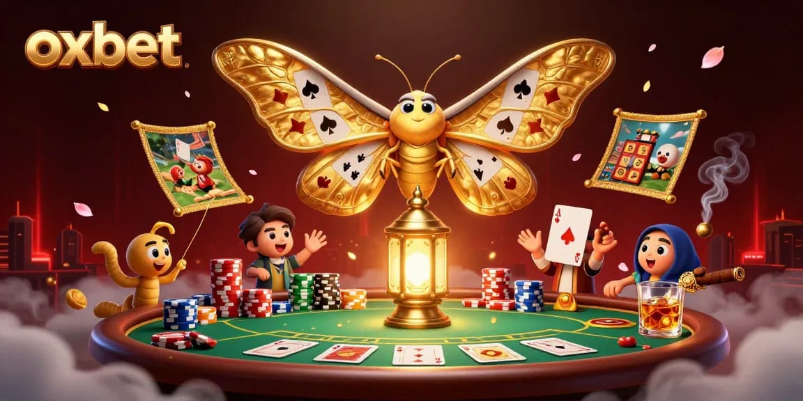 Players engage with oxbet's dynamic online casino scene featuring colorful poker chips and cards.