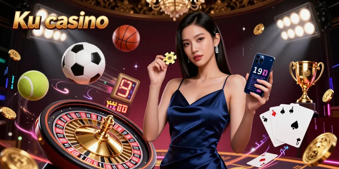Experience thrilling gameplay at Ku casino with a stunning Asian woman holding a golden chip and smartphone in a vibrant casino scene.