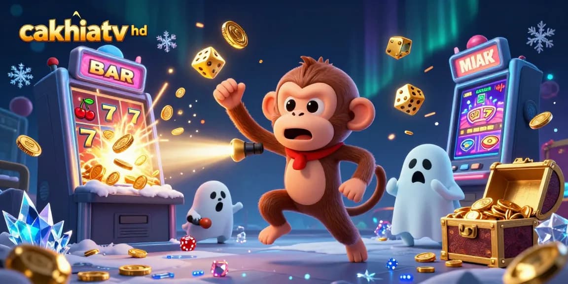 Engage with cakhiatv hd's vibrant gambling scene featuring a lively poltergeist monkey juggling golden coins amidst a haunted casino.