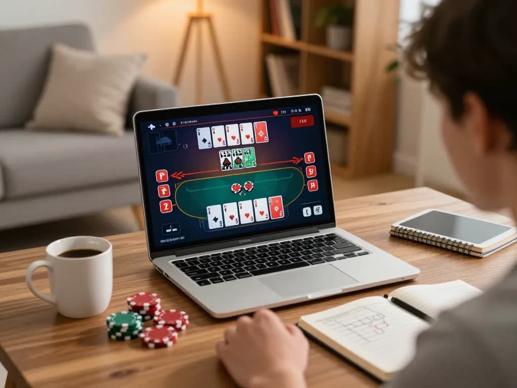 Player enjoying an online poker game on 98win, showcasing strategy and excitement in a cozy environment.