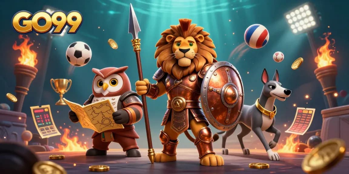 Experience the action at GO99, where a Spartan lion leads the charge amidst dynamic casino elements.