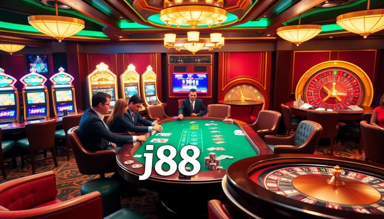 Players engaged in thrilling j88 bet action at a vibrant casino table with cards and chips.