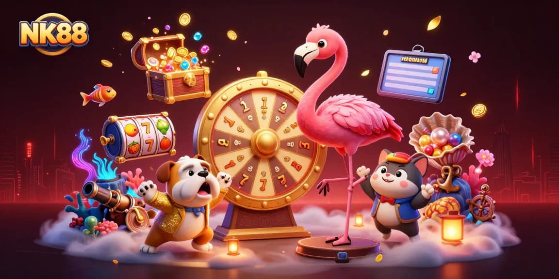 NK88 spins the golden prize wheel in an exciting 3D casino scene filled with vibrant elements.