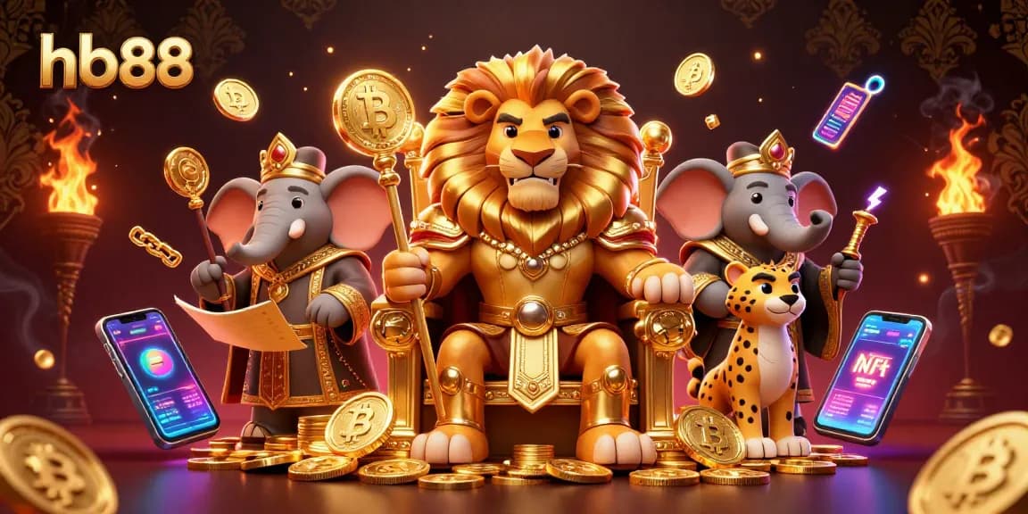 Engaging hb88 digital illustration depicting a lion king on a gold coin throne with cryptocurrency elements.
