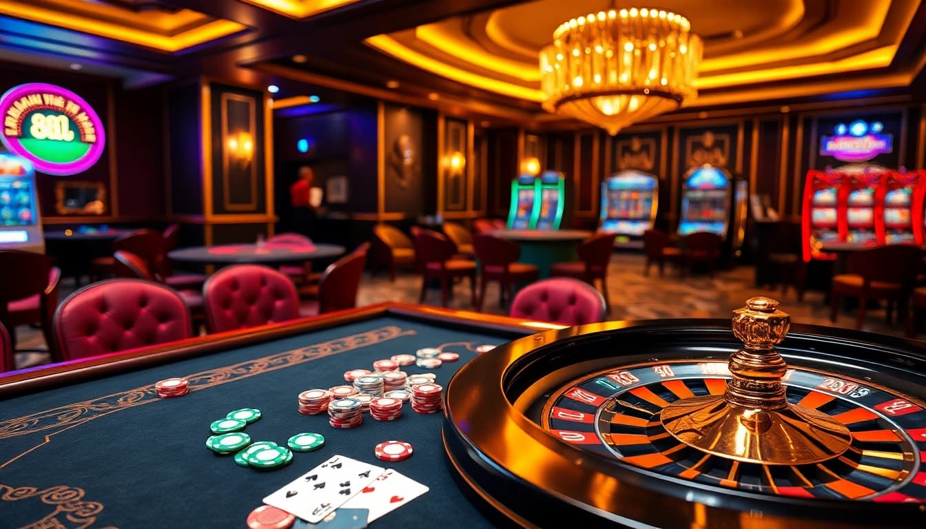 Experience thrilling bets at 8kbet with vibrant casino elements, including roulette and poker.
