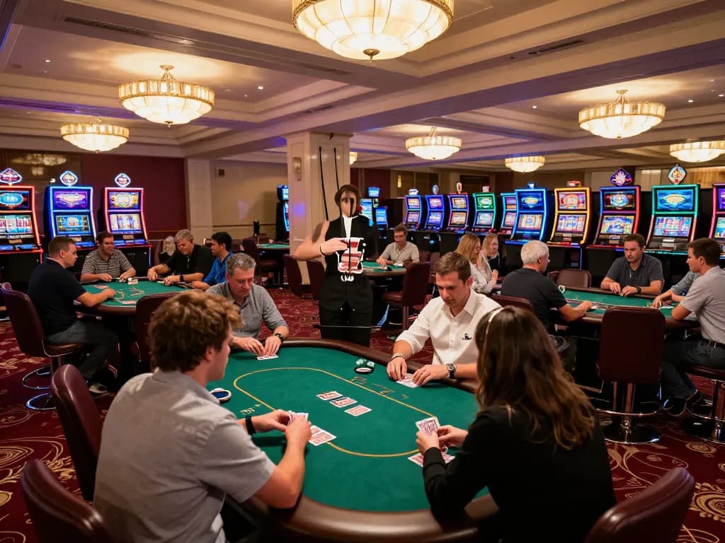 LC88 poker table action with players focused and dealer shuffling cards, vibrant casino atmosphere.