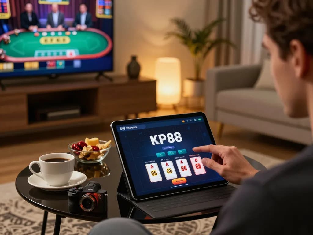 KP88 app user enjoying online blackjack experience on tablet in cozy home setting.