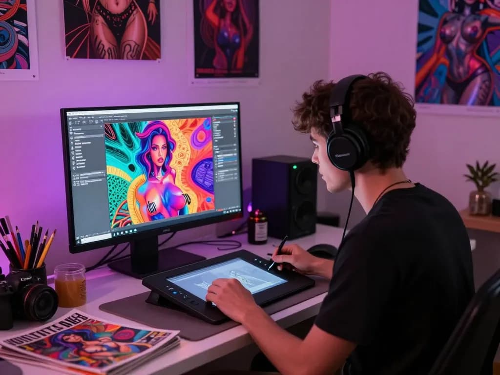 Creative digital artist crafting vibrant AI porn artwork in an eclectic studio.