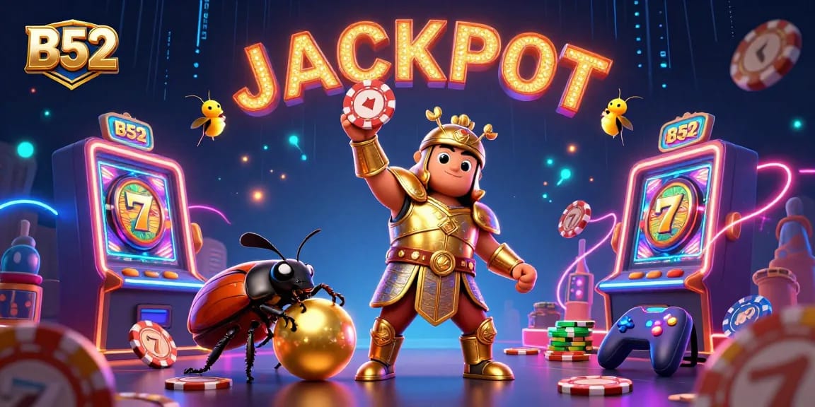 Engage in thrilling B52 casino action with a triumphant beetle and vibrant slot machine elements.