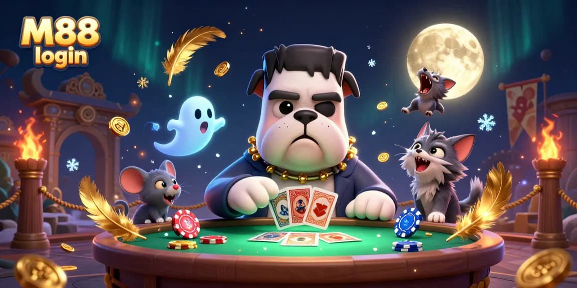 M88 login to a thrilling scene of a Frankenstein bulldog dealing cards amid vivid casino elements.