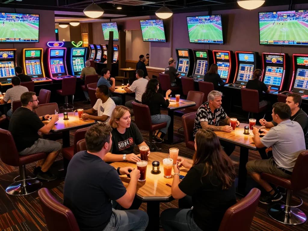 Xoilac patrons engaging in dynamic sports betting discussions in a vibrant casino lounge