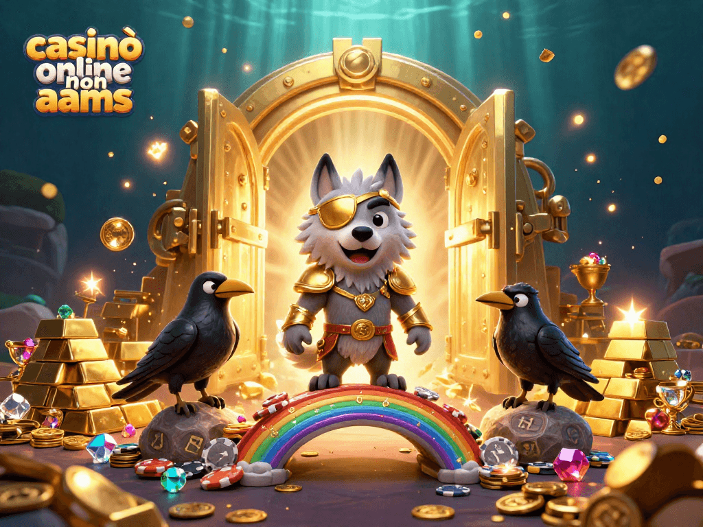 Illustrazione di casinò online non aams con personaggi mitologici e tesori dorati.