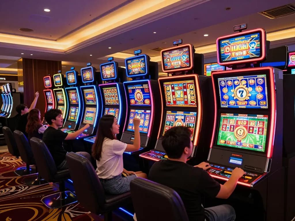 Players enjoying the thrill of gaming at GG88's exciting slot machines in a vibrant casino setting