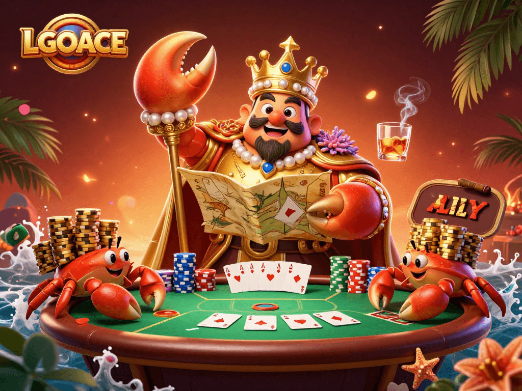 LGOACE showcases a vibrant scene with a golden crab emperor and poker elements, creating an engaging casino atmosphere.