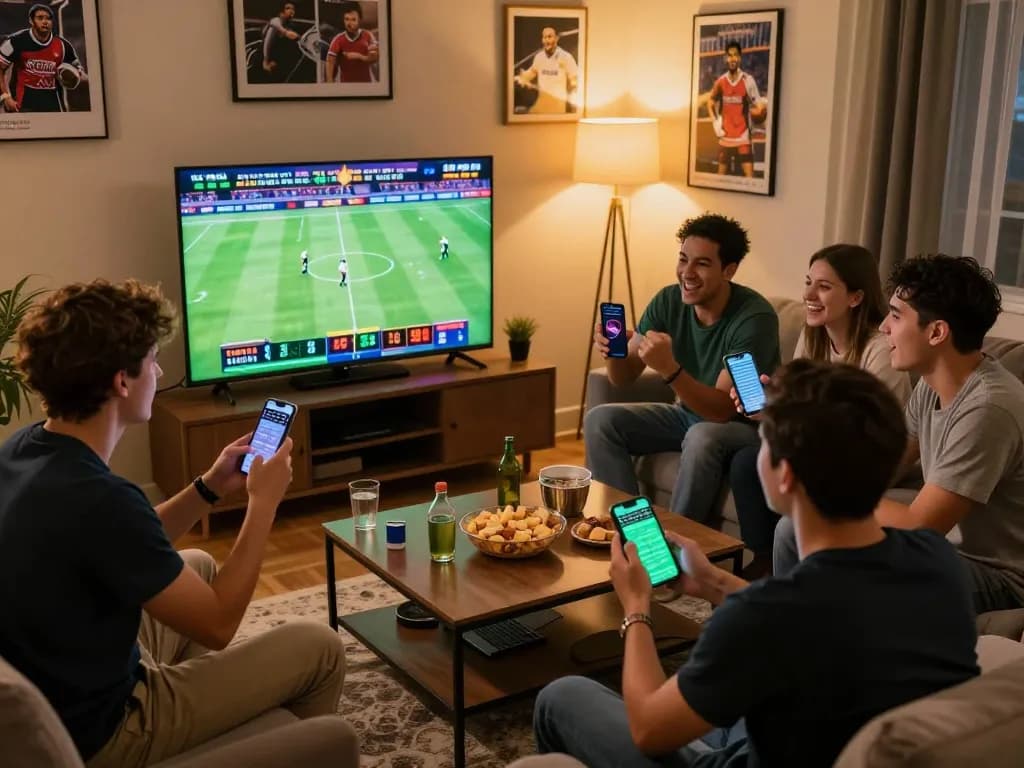 Friends engaging in sports betting using the rik vip app in a lively home setting.