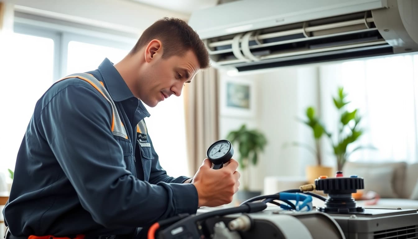 AC Repair Tampa services performed by an expert in a bright, residential living room.