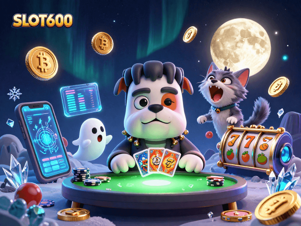 Join the action at SLOT6000 with a lively 3D illustration featuring vibrant gaming characters and crypto elements.