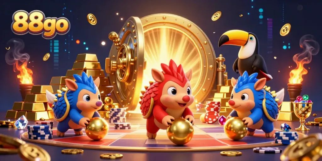 Pangolins in armor engage in a dynamic casino game scene featuring vibrant treasures and poker chips, highlighting 88go.