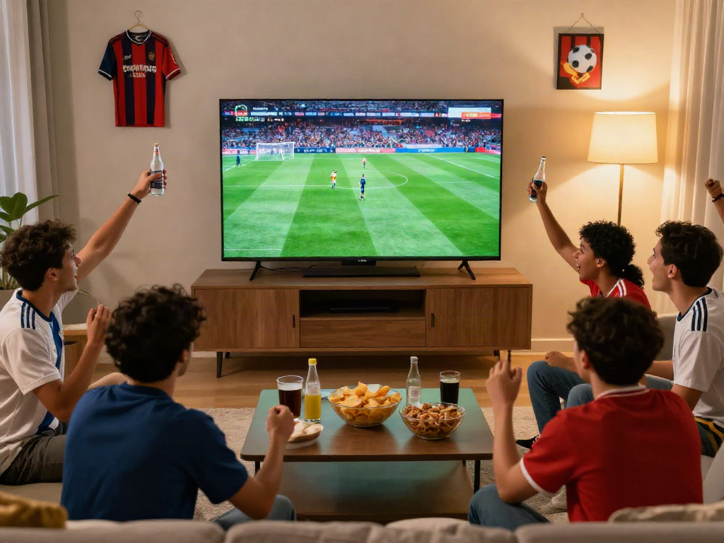 Fans enjoying live football on https://cakhiatv.team/ in a lively atmosphere with snacks.