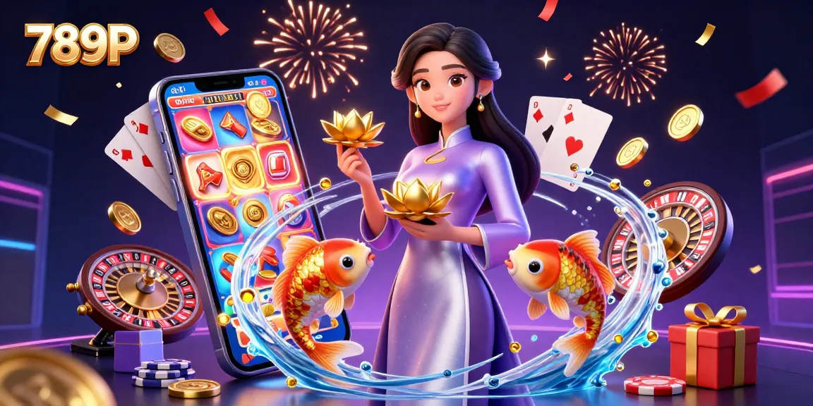 Engage with 789P as an elegant Asian woman holds a golden lotus amidst a vibrant casino-themed scene.