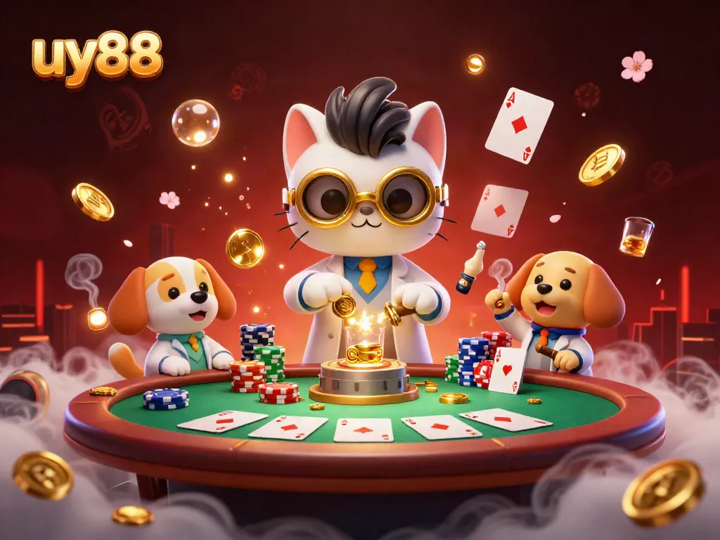 Win big at uy88 with a vibrant 3D scene of a mad scientist cat and dog in a lively casino lab