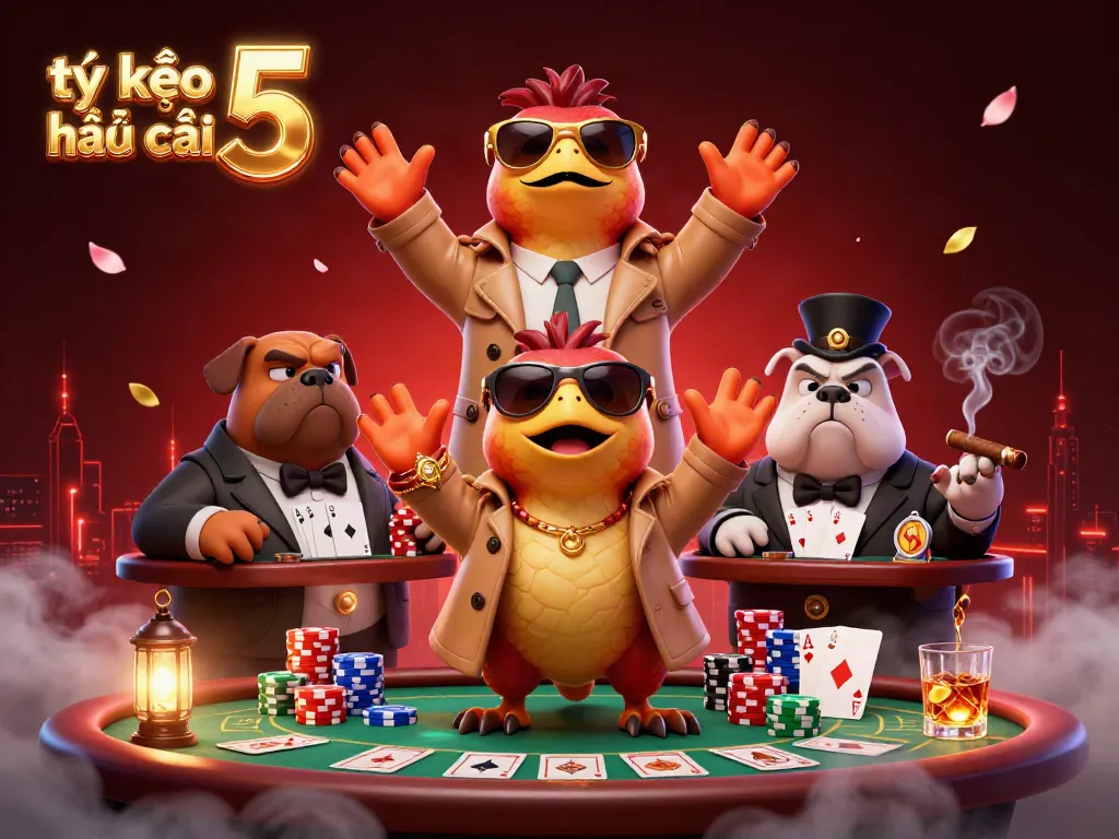 Experience the thrills of tỷ lệ kèo nhà cái 5, with raptors posing as humans in a vibrant casino scene.