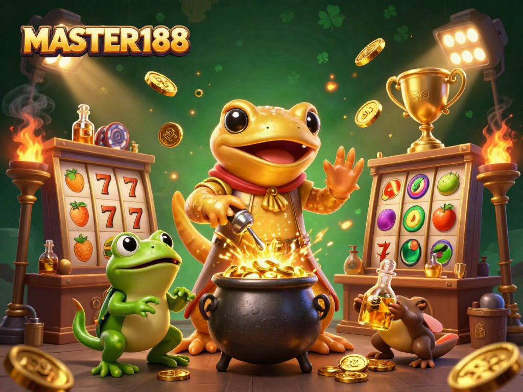 Engage in the exciting world of MASTER188 with a golden salamander alchemist and vibrant slot elements.