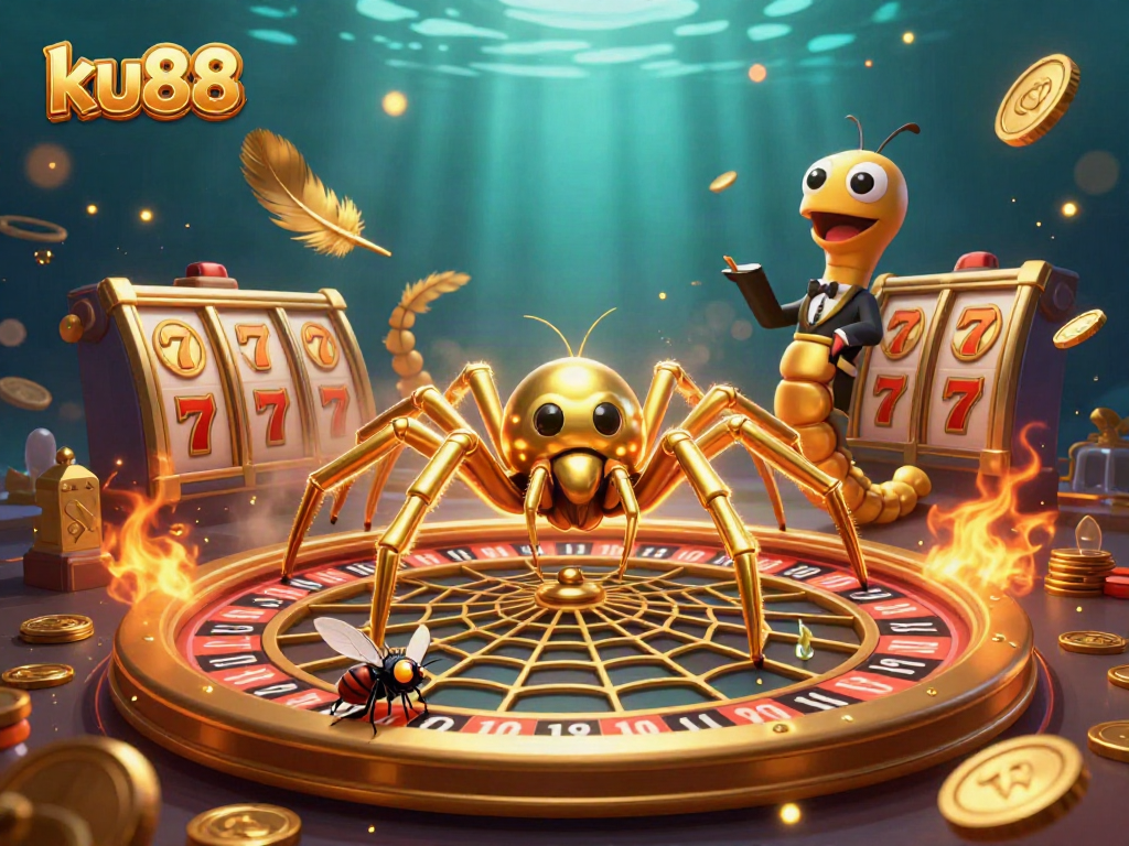 Experience the thrilling bets at ku88 with a fantastical scene of a golden spider spinning a roulette web and betting tokens.