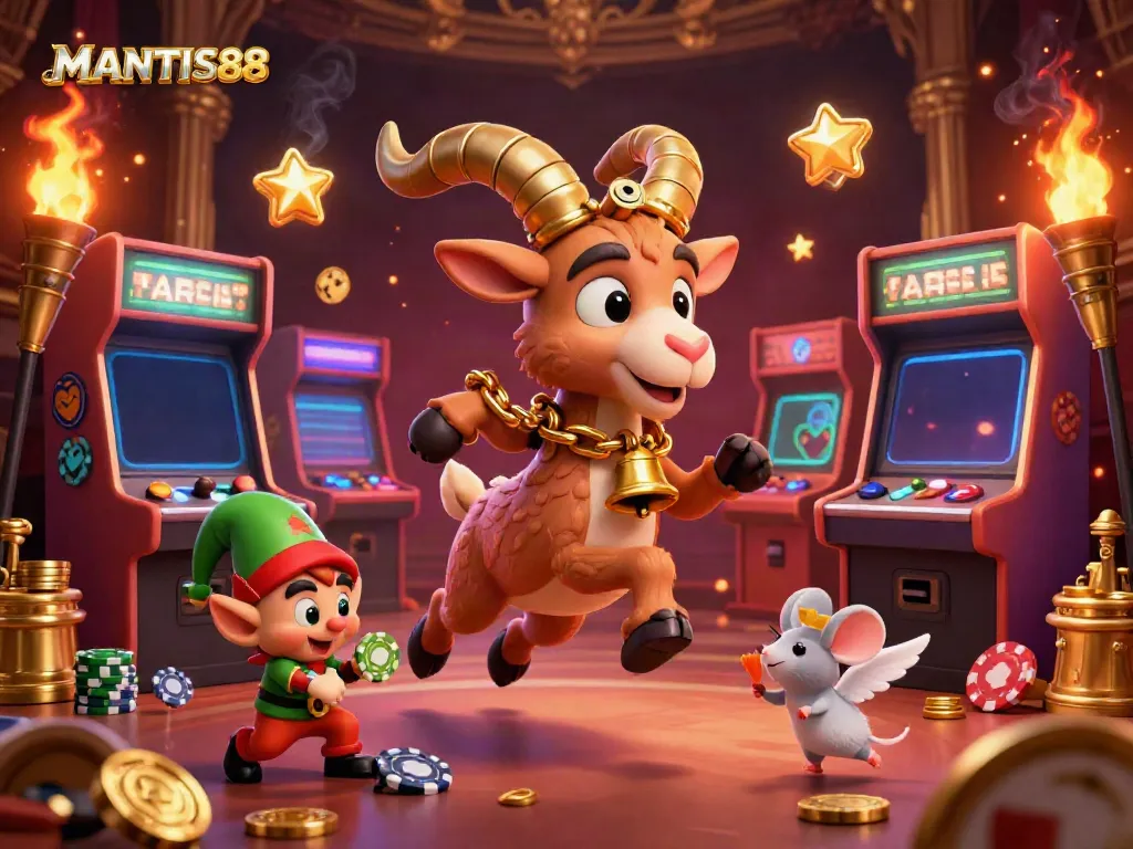 MANTIS88 engages players with whimsical 3D elements in a chaotic casino setting, highlighting scatter action.